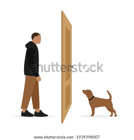 A dog with a collar stands on one side of the door and a male character stands on the other side of the door against a white background