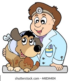 Dog with collar at veterinarian - vector illustration.