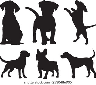 Colección de perro. Silueta de Vector negro Perro, felino, mascota. Símbolo lindo de la raza del perro, etiqueta engomada, o icono. Silueta de animal salvaje o perro