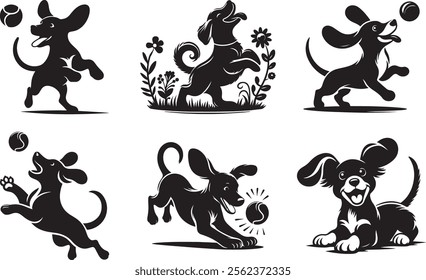 Dog, collection of plying dog silhouette vector art illustration