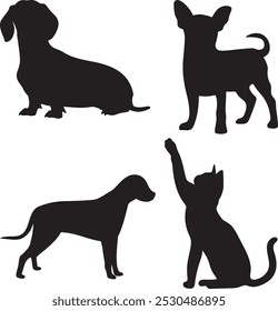 Colección de perro. Silueta de Vector negro Perro, felino, animal doméstico, gatito o gatito en varias poses aisladas sobre fondo blanco