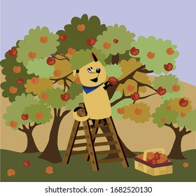 The dog collects apples in the basket. In the garden, a cute puppy climbed the stairs. Children's print for textiles.