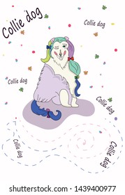 Dog collie with colored wool vector drawing and inscription on a white background