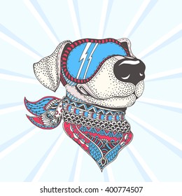 Dog with color ethnic floral doodle pattern. Zendala, design for  relaxation and meditation for adults, vector illustration, isolated on a light blue background. Zen doodles. 