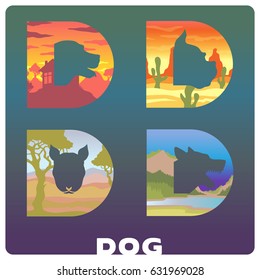 Dog color isolated set. Nature landscape inside. Vector illustration, eps10. Nine abstract dog with different landscapes inside. The capital letter is silhouette of D.