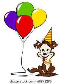 Dog with colored balloons and party hat