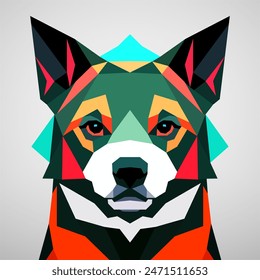 Perro un colorido patrón geométrico en su cara y un fondo blanco con un borde gris a su alrededor, colorido diseño plano surrealista. Arte vectorial, sots art, bajo poli, cubo-futurism, pegatina, avatar de dibujos animados