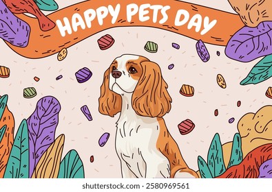 Dog with colorful leaves and treats celebrating pets day. Features a spaniel surrounded by vibrant foliage and scattered pet snacks. Perfect for banners