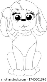 Dog. Coloring book design for kids and children. Cute coloring character dog with bow