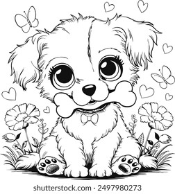 Dog Coloring Page. Kids Coloring Pages, Cute Cat Coloring Pages, Cat Character Vector Illustration On White Background.