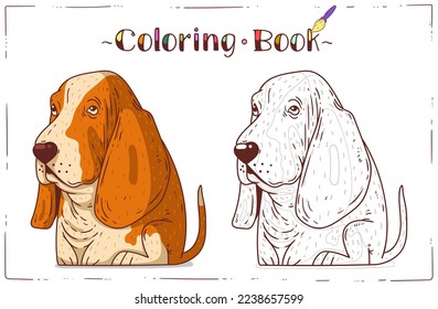 A Dog, Coloring Sheet. Cartoon outline picture of a Basset Hound with colored example. Horizontal colouring book page. Contour illustration for children's preschool education. Home activity for a kid