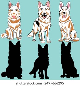 dog colourful and Silhouette Illustration set, dog breeds sticker template of german shepherd dog cartoon character.