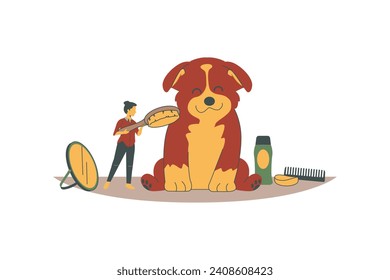 A dog with a comb and a hairdresser. Active people with their pet flat style vector design for animal fostering and adoption illustration