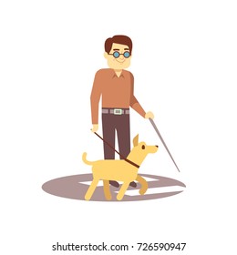 Dog companion and blind man on walk isolated on white background - blind person and guide dog. Vector pet companion and blind man person illustration