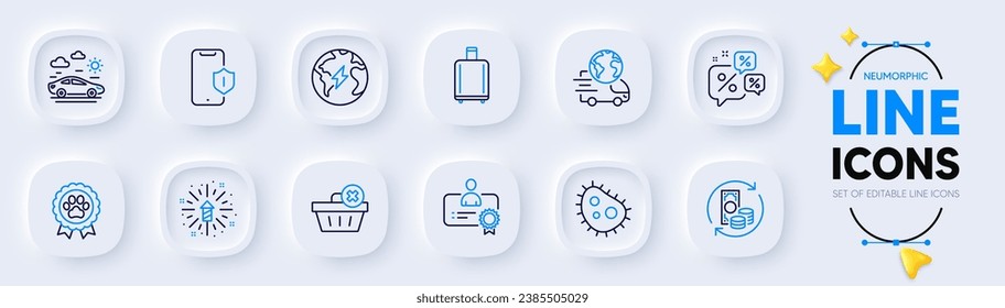 Dog competition, Fireworks explosion and Bacteria line icons for web app. Pack of Certificate, Smartphone protection, Discounts chat pictogram icons. Change money, Delete order. Vector