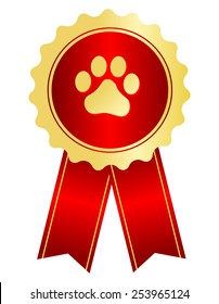 Dog competition winner gold award ribbon / stamp seal with red ribbon and paw print on center