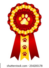 Dog competition winner gold award ribbon / stamp seal with red ribbon and paw print on center 