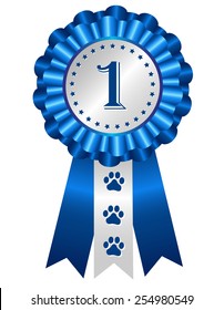 Dog competition winner silver / blue award ribbon rosette with no 1 on center