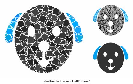 Dog composition of abrupt elements in various sizes and color hues, based on dog icon. Vector trembly elements are composed into composition. Dog icons collage with dotted pattern.