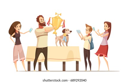 Dog composition with show victory cup and family cartoon vector illustration