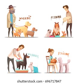 Dog concept icons set with walking and washing symbols cartoon isolated vector illustration 