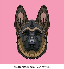 Dog, consisting of geometric shapes and lines. Shepherd on a pink background. Decorative stylization.