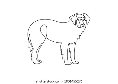 Dog in continuous line art drawing style. Mixed breed dog standing and watching minimalist black linear sketch isolated on white background. Vector illustration