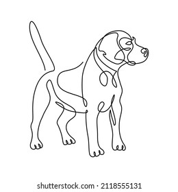 Dog in continuous line art drawing style. Cute beagle dog standing and watching black linear sketch isolated on white background. Vector illustration