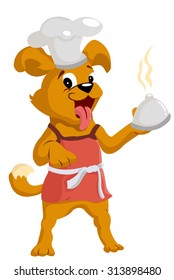 dog cook in an apron with the dish in his hand