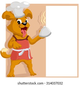 dog cook with dish in hand and menus