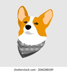 Dog corgi breed in a gray collar with a print of a puzzle on a light background. Icon, avatar, symbol, element. Isolated vector illustration