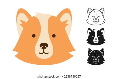 Dog corgi faces cartoon character set. Cute puppy childish kawaii head symbol muzzle, line doodle, icon or silhouette. Smiling funny doggy pet baby, cartoon comic print flat sticker template vector