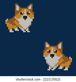 Dog Corgi jacquard knitted seamless pattern on navy background. Socks design. Vector illustration.