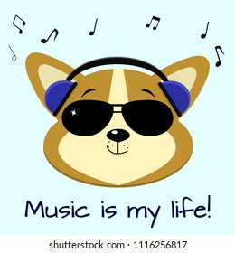 Dog Corgi musician, listening to music in blue headphones and sunglasses, in the style of cartoons. Vector illustration, a flat design.