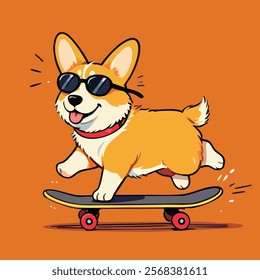 dog, corgi, skateboard, sunglasses, orange background, cartoon, illustration, cute, playful, fun, pet, animal, cool, stylish, red collar, happy, energetic, skateboarding, vector art, graphic design