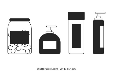 Dog cosmetics and treats black and white 2D line cartoon objects set. Grooming studio supplies isolated vector outline items collection. Taking care about pets monochromatic flat spot illustrations