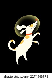 Dog cosmonaut character for children. Puppy in space helmet, outer space cartoon clipart for kids isolated on black. Vector cosmos kids clip art character illustration.