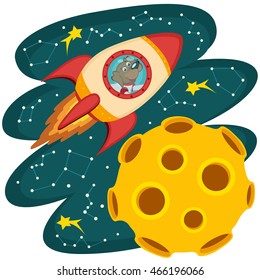 dog cosmonaut flying on a rocket to the moon - vector illustration, eps