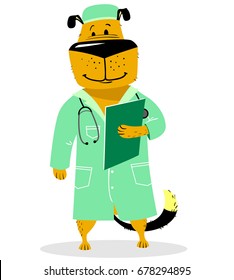 Dog in costume of doctor. Pet as a vet with with a stethoscope and lab coat. Cartoon character Dog like human in veterinary. Vector illustration with cute animal