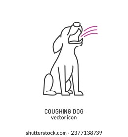 Dog with a cough shown with a distressed expression, mouth partially open, lines emanating from its mouth to represent the act of coughing. Editable vector illustration isolated on white background.