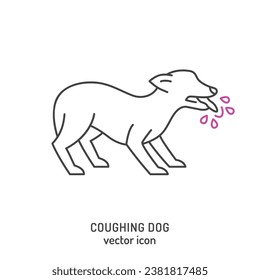 Dog with a cough shown with a distressed expression, mouth partially open, lines emanating from its mouth to represent the act of coughing. Editable vector illustration isolated on white background.