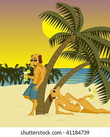 Dog couple enjoying the beach. Vector cartoon.