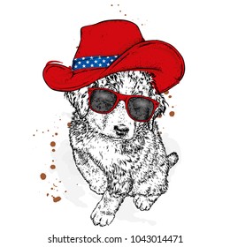 A dog in a cowboy hat. Purebred puppy in clothes and accessories. Vector illustration for a postcard or a poster.