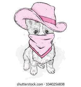 A dog in a cowboy hat and scarf. Purebred puppy in clothes and accessories. Vector illustration for a postcard or a poster. Corgi.