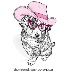 A dog in a cowboy hat and scarf. Purebred puppy in clothes and accessories. Vector illustration for a postcard or a poster.