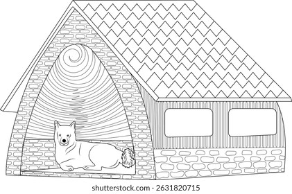 Dog in Cozy Dog House Line Art, Black and white line drawing illustration of a dog resting inside a traditional dog house. Ideal for coloring books, pet care articles, or architectural design