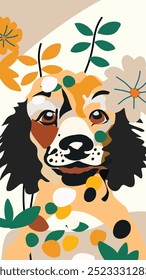 a dog, creatively integrated with flowers and leaves, combining playful and lively elements in a modern, artistic style.