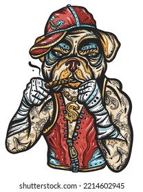 Dog. Crime boxer bulldog. Old school tattoo vector art. Hip-hop and gangsta lifestyle. Criminal street culture. Hand drawn graphic. Isolated on white. Traditional flash tattooing style