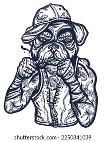 Dog. Crime boxer bulldog. Old school tattoo vector art. Hip-hop and gangsta lifestyle. Criminal street culture. Hand drawn graphic. Isolated on white. Traditional flash tattooing style