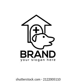 Vector de logotipo de perro y cruz. Signo de concepto de cuidado de mascotas. Diseño plano